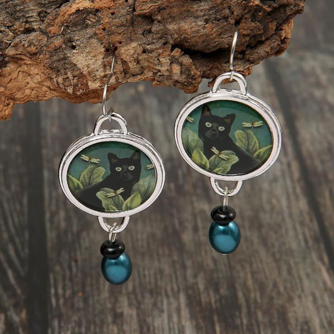 Silver Painted cat earrings