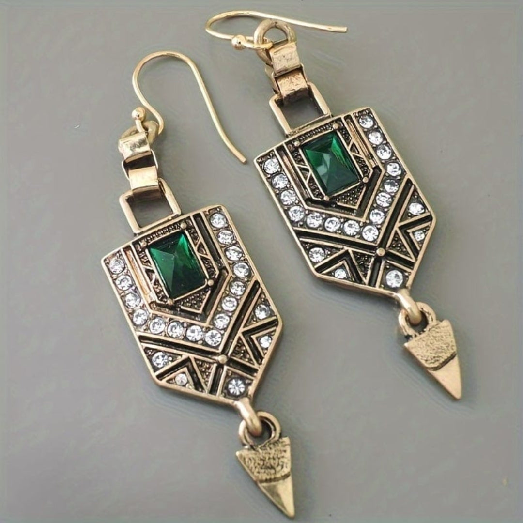 Gold-plated earrings with green cubic zirconia in vintage style