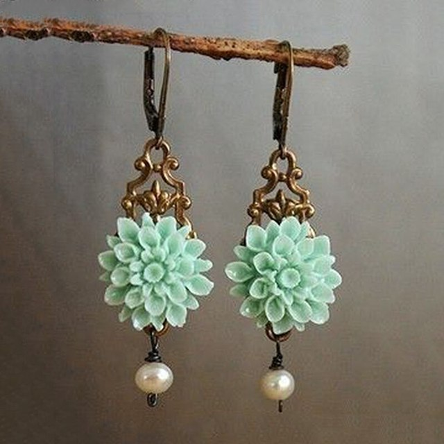 Earrings with Turquoise Flower and Pearl