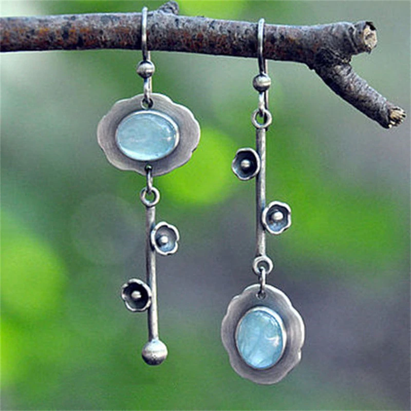 Vintage Stone Flower Silver Earrings