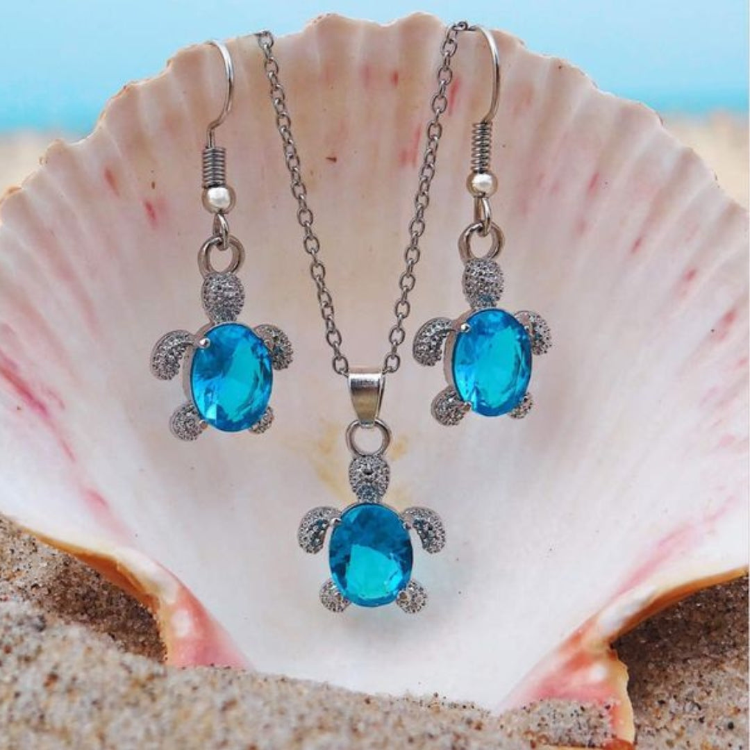 Crystal Turle Set Earrings and Necklace in Sterling Silver