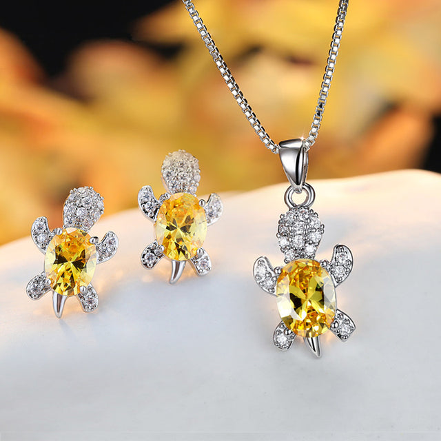 Crystal Turle Set Earrings and Necklace in Sterling Silver