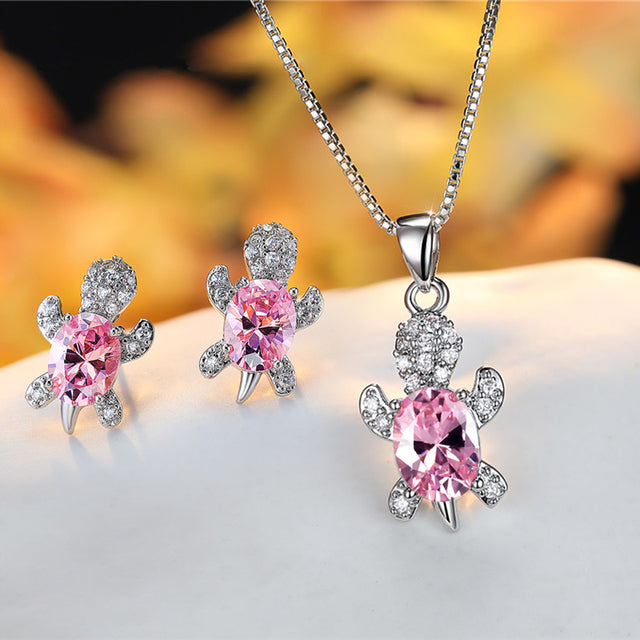 Crystal Turle Set Earrings and Necklace in Sterling Silver