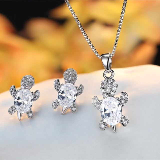 Crystal Turle Set Earrings and Necklace in Sterling Silver