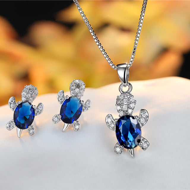 Crystal Turle Set Earrings and Necklace in Sterling Silver