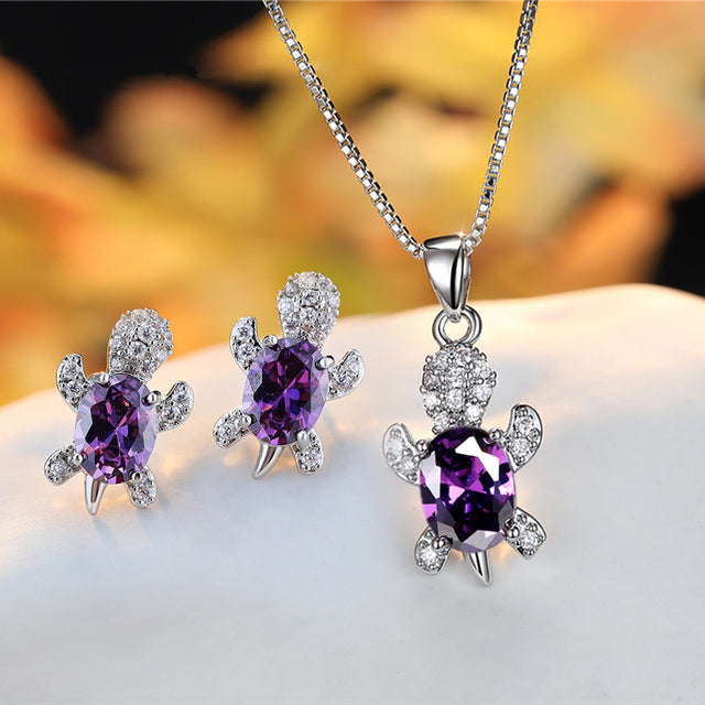 Crystal Turle Set Earrings and Necklace in Sterling Silver