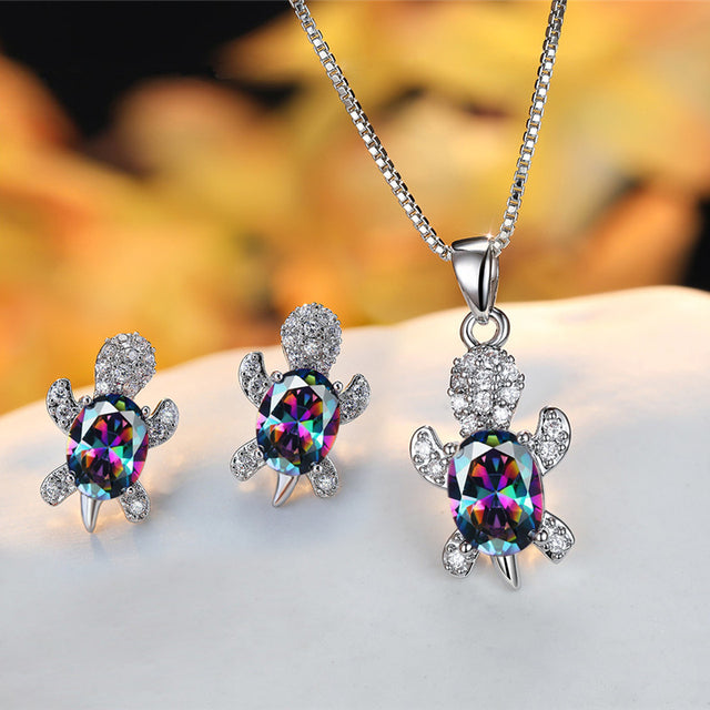 Crystal Turle Set Earrings and Necklace in Sterling Silver