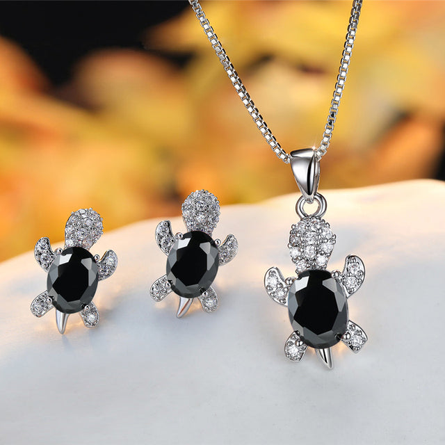 Crystal Turle Set Earrings and Necklace in Sterling Silver