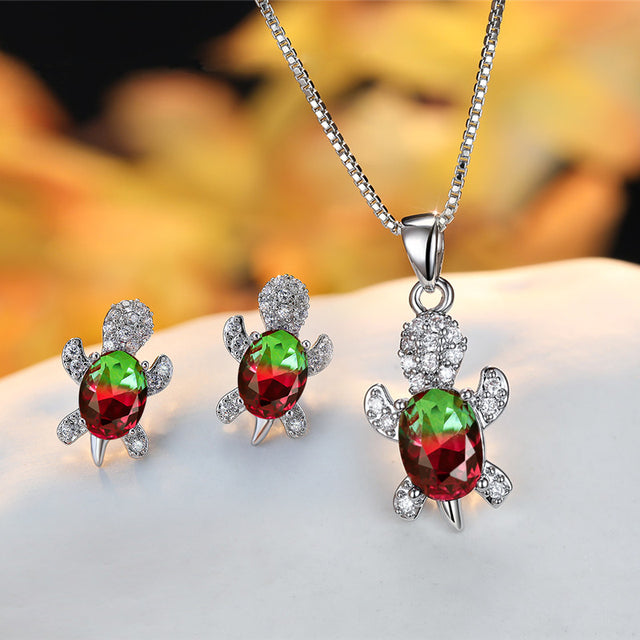 Crystal Turle Set Earrings and Necklace in Sterling Silver