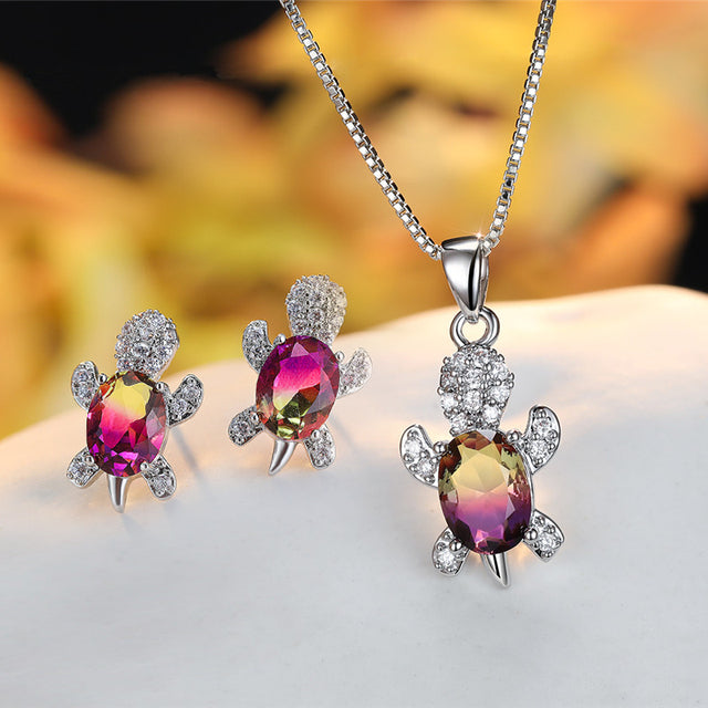 Crystal Turle Set Earrings and Necklace in Sterling Silver