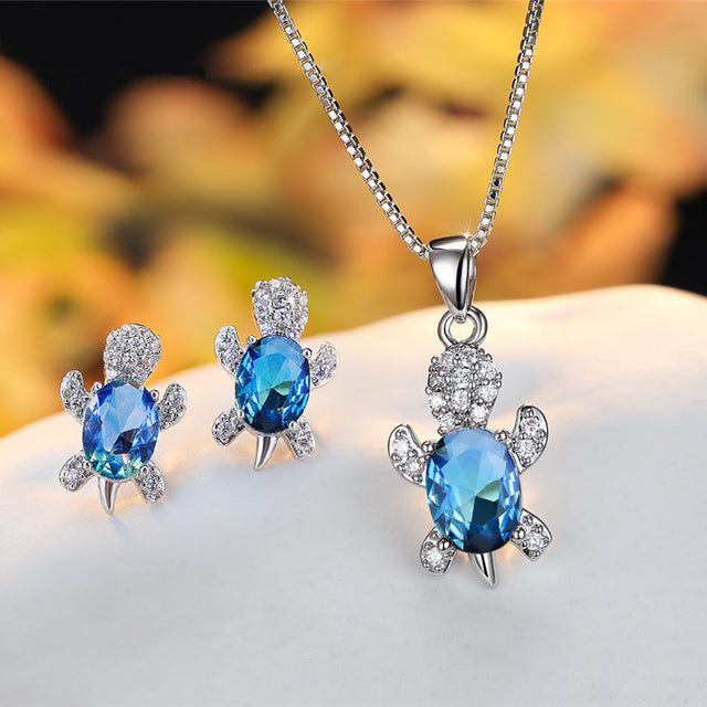 Crystal Turle Set Earrings and Necklace in Sterling Silver