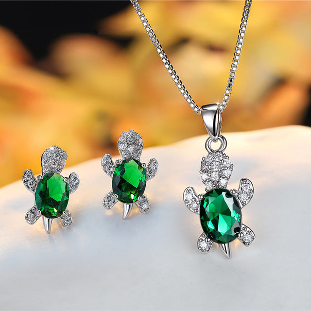 Crystal Turle Set Earrings and Necklace in Sterling Silver