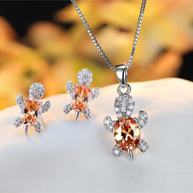Crystal Turle Set Earrings and Necklace in Sterling Silver