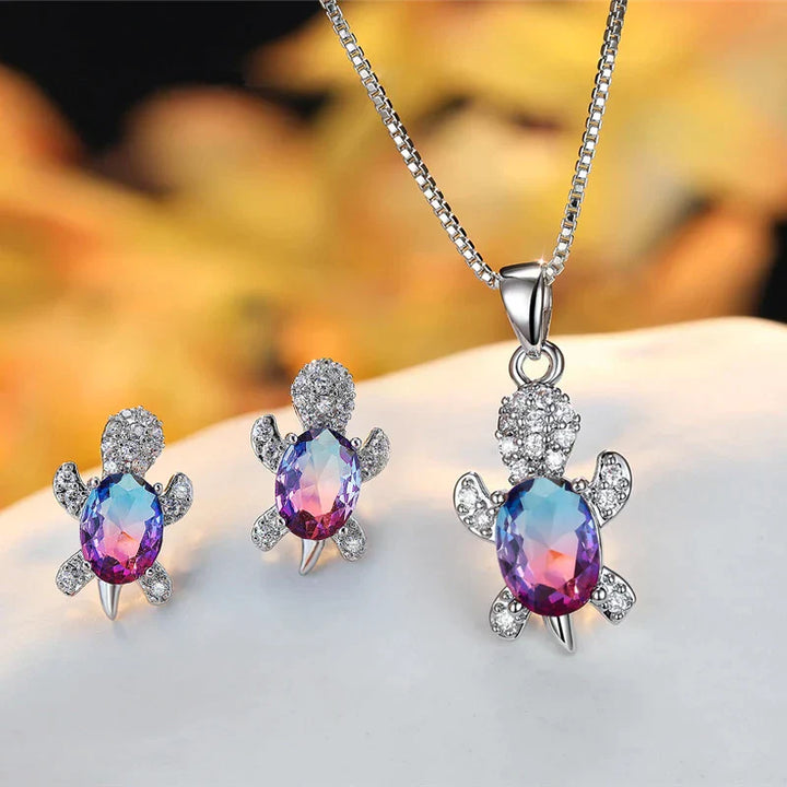 Crystal Turle Set Earrings and Necklace in Sterling Silver