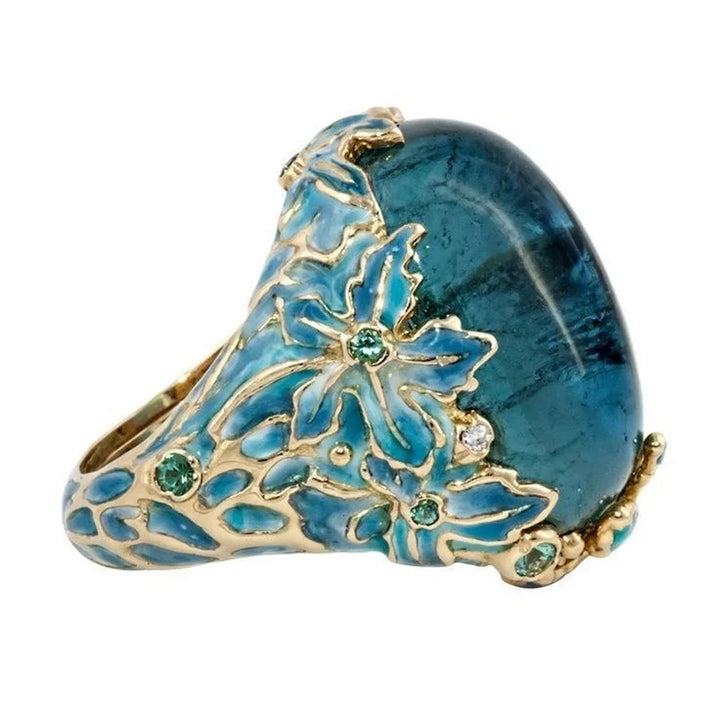 Flower Touch Rings Inlaid Blue Stone Ring